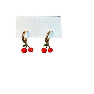 Women’s Fashion Pierced Earrings, Red Cherries, Fruit, Gold Tone Trim